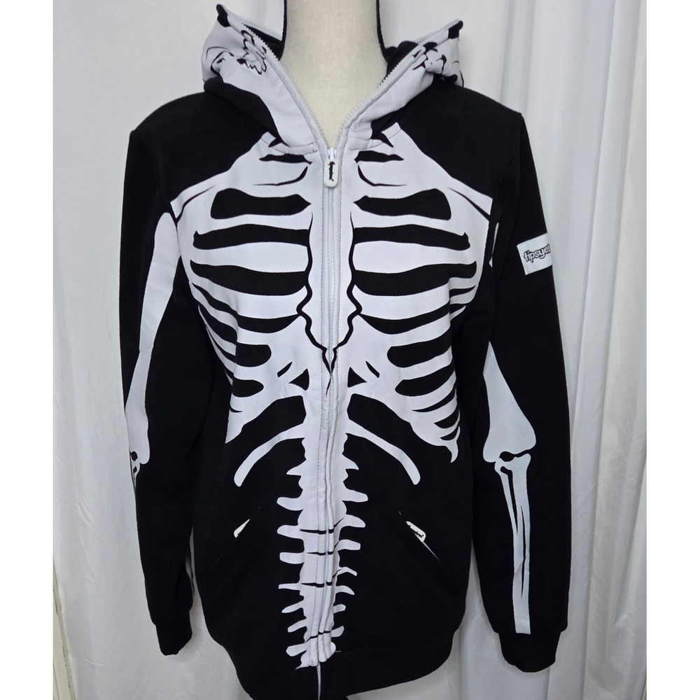 Tipsy Elves Mens Skeleton Full Zip Hoodie Skull Mask Halloween Costume Black M - Picture 8 of 12